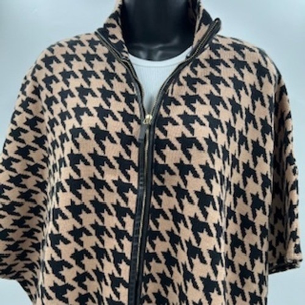 Rafaella Womens Houndstooth Full Zip Knit Poncho Tan Black Mock Neck Size M NWT